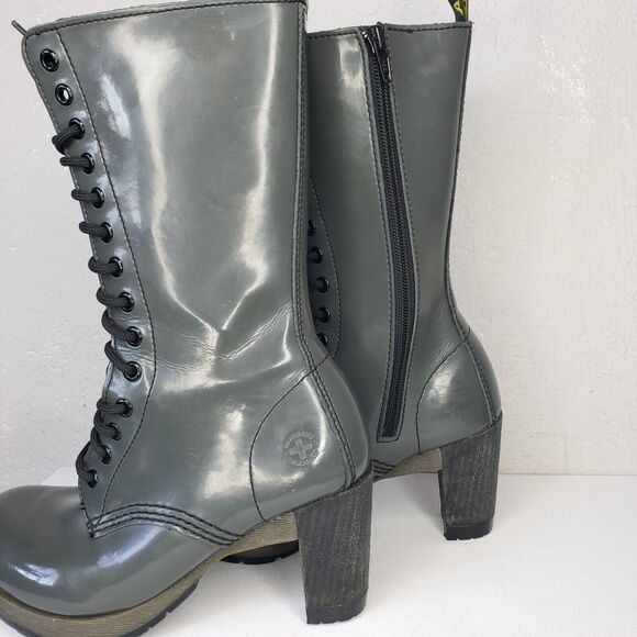 Dr Martens Dee 14 Eye Gray Patent Leather Heeled Lace-up Boots Womens 6-6.5 Diva - Picture 8 of 16